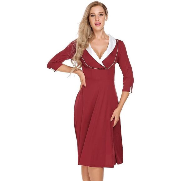 ❤️ Pinup Retro Vintage 1950s Collar Cleavage Vintage Rockabilly Red Dress NWT - Picture 4 of 13